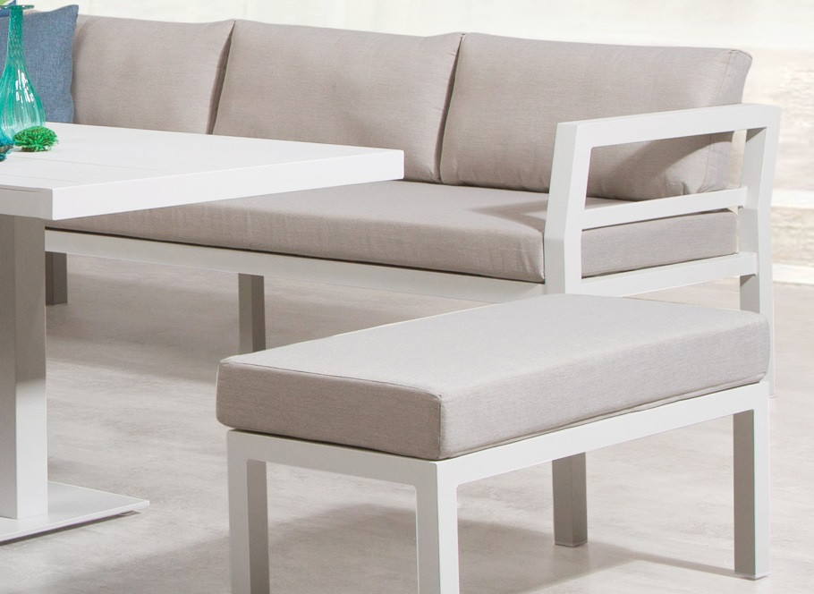 مسيحي السترة تأتي  Set Miami sofa terraza aluminio blanco con mesa de comedor