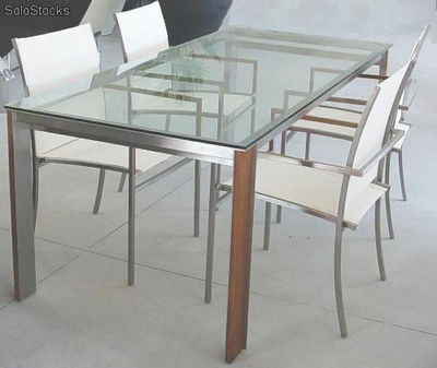Set pranzo in acciaio e teak (tavolo con top in vetro + 6 sedie in textilene) - Foto 2