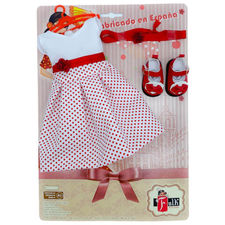 Set ropa muñeca Folk Artesanía vestido lunares y zapatos piel para muñecas