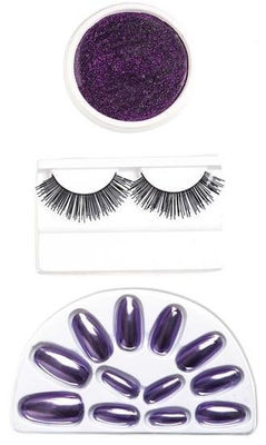 Set uñas púrpura metalico+pestañas+ maquillaje purpurina púrpura