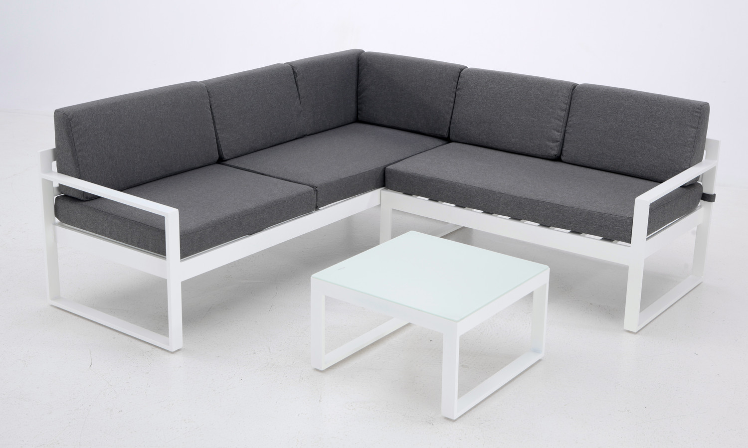 Set Zurich sofa rinconera de terraza aluminio blanco cojines gris antracita