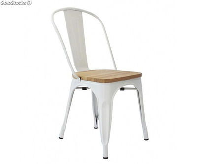 Silla Tolix blanca con asiento madera