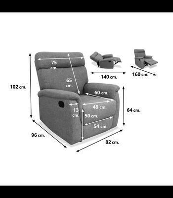 Sillón relax manual Texas tapizado gris, 82cm(Ancho) 96cm(Fondo) 102cm(Alto) - Foto 2