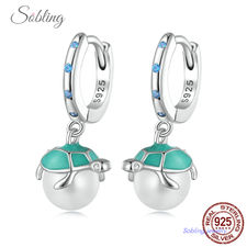 Sobling 925 Sterling Silver round hoop Earrings with Aqua enamel sea turtle cap