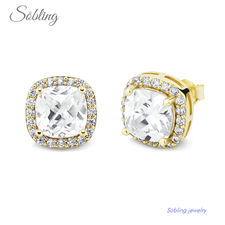 Sobling Newest fashion 7mm cushion halo stud earring yellow gold color with DEF