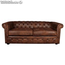 Sofa castanho de 3 lugares, de estilo vintage, estofado em capitoné