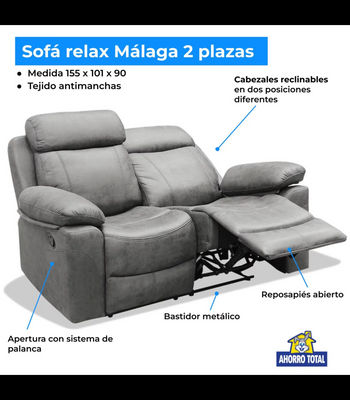 Sofá dos plazas relax con palanca Málaga tapizado textil gris, 155cm(Ancho) - Foto 3