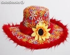 Sombrero flores con pelo rojo