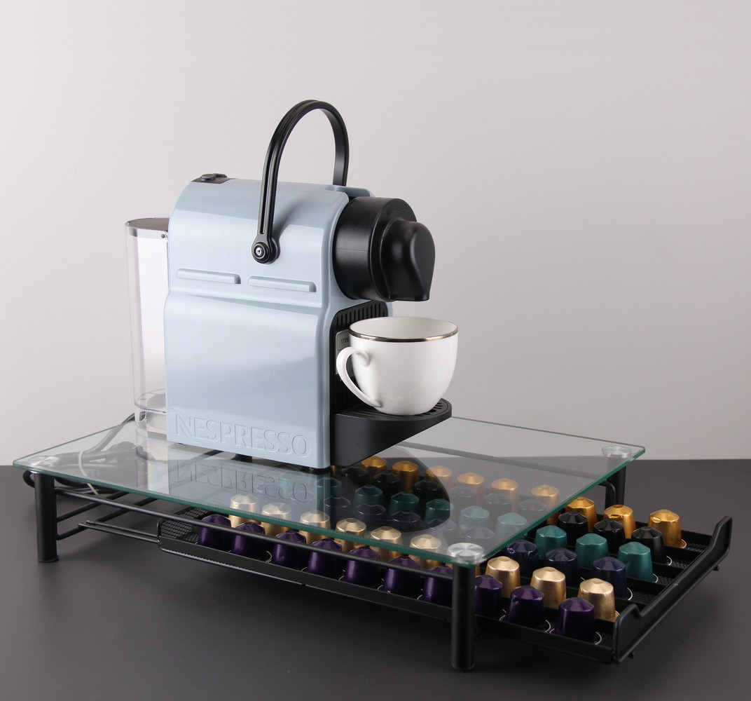 Soporte de vidrio cafetera + cajon organizador para 60 cápsulas Nespresso