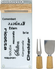 Tabla quesos de base de cristal con cuchillo y tenedor
