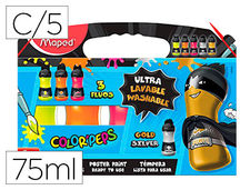 Tempera maped color peps ultra lavable caja de 5 colores surtidos 3 fluor y 2