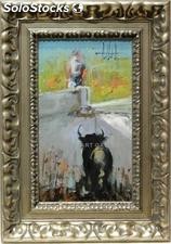 Toro en los corrales | Pinturas de escenas taurinas en óleo sobre lienzo