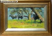 Toros en el campo | Pinturas de escenas taurinas en óleo sobre lienzo