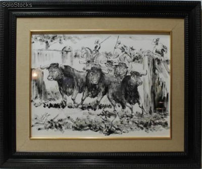 Toros en el campo | Pinturas de escenas taurinas en óleo sobre papel