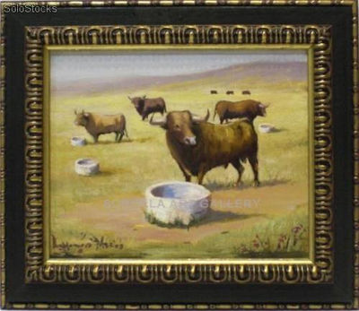 Toros en el campo | Pinturas de escenas taurinas en óleo sobre tabla