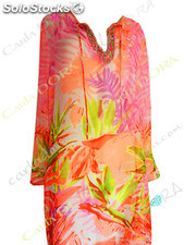 Tunique femme voile leger corail rose et vert fluo