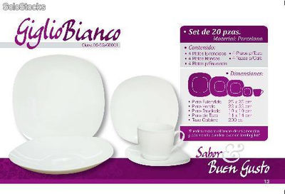 Vajilla de Porcelana Bianco 20 Piezas - Diseño Italiano