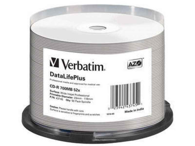 Verbatim CD-R 80min/700MB/52x Cakebox (50 Disc) InkJet Printable White
