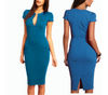 Vestido de tubo con gran escote en V mod. ATHALIA - Moda femenina S Azul