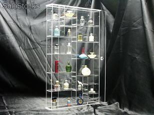 Perfumes en miniatura. Colección en expositor de metacrilato de 15 tarros  en vidrio diferentes. Utilería de cosmética.