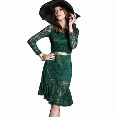 Women&#39;s A-line, Princess Round collar Knee-length long Sleeve lace Hourglass