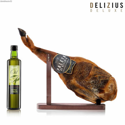 Zestaw łopatki iberyjskiej Bellota, oliwy z oliwek i stojaka na szynkę Delizius