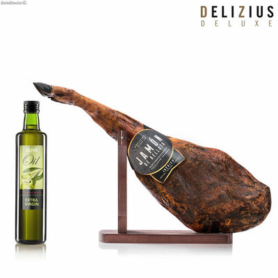 Zestaw szynki iberyjskiej Bellota, oliwy z oliwek i stojaka na szynkę Delizius D